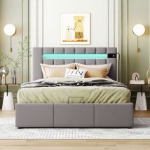 Lit capitonné 140x200 avec bande lumineuse led, lecteur Bluetooth et chargement usb, pour adulte et jeune, coffre de lit à extension hydraulique en