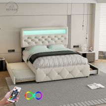 Lit capitonné 140x200cm (90x190cm), lit double, lit sur podium, avec tiroir-lit et 2 tiroirs, table de nuit avec bande lumineuse, beige
