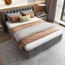 Lit Capitonné 140x200cm en Velours Gris avec Dossier à Lattes et 2 Tiroirs - grey