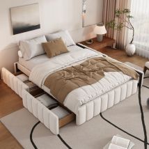 Lit capitonné 140x200cm en velours sans tête de lit - avec tiroirs et sommier à lattes - Beige