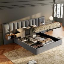 Okwish - Lit capitonné 160 x 200 cm, avec lampe de chevet, lit hydraulique à grandes oreilles avec deux chevets avec rangements, sommier à lattes en