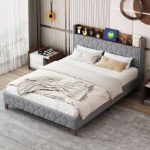 Hauss Spole - Lit capitonné, 160 x 200 cm, espace de rangement sur la tête de lit avec port usb, lit double, velours, gris