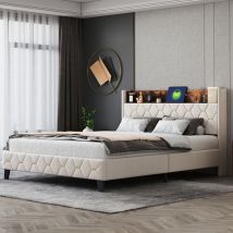 Lit capitonné 160 x 200 cm, espace de rangement sur la tête de lit avec port usb, lit plat lit d'appoint double en velours cardamome doux pour la
