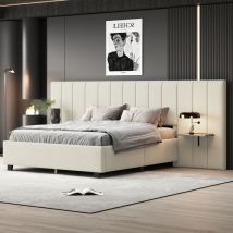 Lit capitonné 160 x 200 cm, lit double avec tête de lit et dossier allongés, étagères des deux côtés de la tête de lit, avec sommier à lattes, tissu