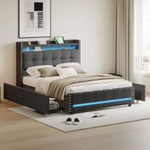Okwish - Lit capitonné 140200 cm avec éclairage led et prise usb, tête de lit avec étagères et rangements avec 4 tiroirs, lit double pour adulte,
