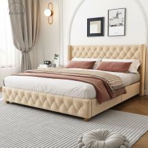 Lit capitonné 160200cm avec sommier à lattes et tête de lit, revêtement boutons, revêtement rivets, pieds en bois, velours, beige foncé - brown