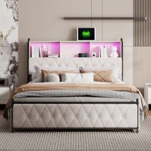 Blanketswarm - Lit Capitonné 140x200 avec Rangement,Lit 140x200 avec Tiroirs Rangement Lit Double avec Rangement Lit Coffre Led et usb Cadre de Lit