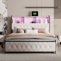 Lit Capitonné 140x200 Avec Rangement,lit 140x200 Avec Tiroirs Rangement Lit Double Avec Rangement Lit Coffre Led Et Usb Cadre De Lit Avec Tiroirs,