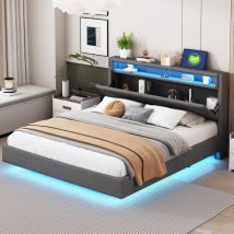 Okwish - Lit capitonné 160x200 cm avec prise usb et éclairage led, tête de lit réversible, pied de lit invisible, lit plat double, lit jeune, lit