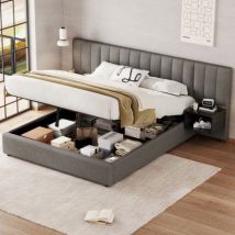 Okwish - Lit capitonné 160 x 200 cm, lit à oreilles larges hydraulique avec deux tables de chevet avec rangements, adapté aux adultes et adolescents,