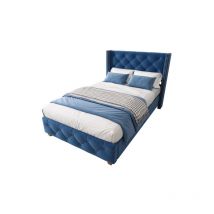 Lit adulte bleu 90200cm avec sommier à lattes et tête, velours