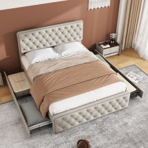 Lafomukea - Lit capitonné 180x200cm, lit double avec quatre tiroirs, tête de lit réglable en hauteur, tirettes et rivets aux extrémités de la tête et