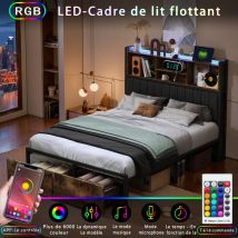 Blanketswarm - Lit capitonné 160x200cm,lit tiroir avec éclairage led et chargement USB,lit double avec 2 tiroirs,tête de lit led avec espace de