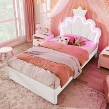 Okwish - Lit capitonné, 90 x 200 cm, sans matelas, lumière d'ambiance télécommandée, lit avec 2 tiroirs, lit princesse en forme de couronne, tête de