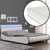 [corium] - Lit capitonné à led de Corium 'Valencia' avec matelas (140x200cm)(blanc)(mousse froide) - avec cuir synthétique / housse en cuir