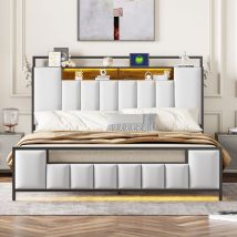 Tanant - Lit adulte capitonné 160x200cm - avec éclairage led, prise usb, tête de lit rangement, sommier métal, lit double, simili cuir - Blanc
