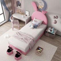 Okwish - Lit capitonné 90x200, avec deux tabourets de rangement, éclairage de chevet led, oreilles de lapin dépliantes, sans matelas, lit d'ado,