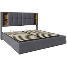 Lit capitonné avec espace de rangement en gris, avec chargeur usb c sans fil, cadre de lit en bois, tissu en lin naturel (sans matelas) -160x200cm
