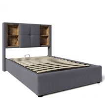 Lit capitonné avec espace de rangement en gris, avec chargeur usb c sans fil, cadre de lit en bois, tissu en lin naturel (sans matelas) -90x200cm