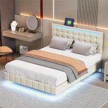 Lit double 140x200cm - Lit adulte LED en lin- Cadre de lit flottant avec sommier à lattes et tête de lit avec 2 porte USB - Beige