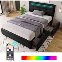 Hauss Spole - Lit adulte rembourré 90 x 200 cm, avec 2 tiroirs, led, tête de lit réglable, Sans Matelas, Noir