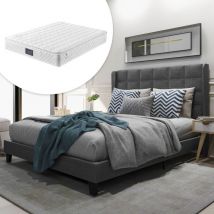 Lit capitonné avec sa tête de lit capitonnée, lit double avec sommier à lattes, 140x200cm, en lin gris, mi-ferme (avec matelas à ressorts)
