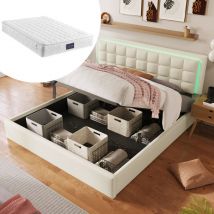 Lafomukea - Lit capitonné avec sommier à lattes et espace de rangement, lit double avec bande lumineuse led, cadre de lit 140x200cm, lit espace de