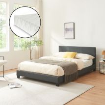 [corium] - Lit capitonné de Corium avec matelas (140x200cm)(gris foncé)(mousse froide) - avec cuir synthétique / housse en cuir synthétique / avec