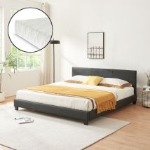 [corium] - Lit capitonné de Corium avec matelas (160x200cm)(noir)(mousse froide) - avec cuir véritable / housse en cuir synthétique / moderne / avec