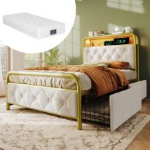 Lit capitonné simple 90 x 200 cm en métal avec led, 2 tiroirs, chargement fonction de chargement usb Type c, velours, blanc, matelas inclus