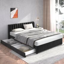 Hauss Spole - Lit double avec 2 tiroirs, sommier à lattes et dossier - 180X200 cm, velours, noir