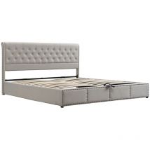 Lit capitonné en coton avec barres de pression hydrauliques, bordure en rivets, beige (sans matelas) - 140 x 200 cm