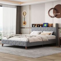 Modernluxe - Lit capitonné en velours - avec ports usb - sommier à lattes - 160x200cm - gris