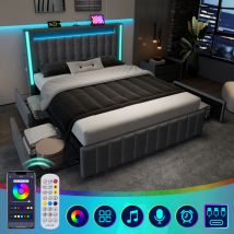 Lit capitonné Fonction de chargement usb Type c Éclairage led et 4 tiroirs, lits jeunes 160x200cm lit double rangement cadre de lit, sommier à lattes