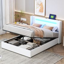 Lit coffre 140x200 cm, lit adulte avec LED, lit simple capitonné, cuir, blanc(sans matelas)
