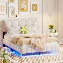 Wishdor - Lit adulte capitonné double 140 x 200 cm en velours avec éclairage led et sommier à lattes, pieds hauts en métal, beige, sans matelas