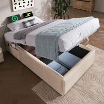 Okwish - Lit capitonné lit simple 90×200 cm, cadre de lit coffre avec usb-c et sommier à lattes toute la surface, sans tête de lit, lin, naturel