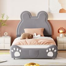 Ohjijinn - Lit capitonné Magnifique lit enfant, 90 x 200 cm, forme ours. Lit simple en velours doux pour la peau, gris