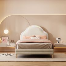 Wishdor - Lit enfant Lit simple Lit capitonné 90 x 200 cm avec tête de lit en forme de nuage, bande lumineuse led et lattes en bois, velours, beige