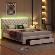 Nmonet - Lit capitonné velours 160x200cm, éclairage led rgb contrôlable, 2 tiroirs, double port usb, sommier à lattes en bois - Beige