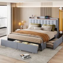 Lit capitonné 160200 cm, table de chevet avec port de recharge usb et étagère, lit double plat avec 4 tiroirs, tissu lin gris