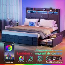 Janzdiys - Lit 140 x 190 avec Sommier led et usb, Lit Double 140 x 190 avec tête de Lit et 4 tiroirs, Lit Coffre avec Cadre en Acier et Rangement,