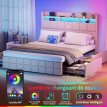 Janzdiys - Lit 140 x 190 avec Sommier led et usb, Lit Double 140 x 190 avec tête de Lit et 4 tiroirs, Lit Double avec Cadre en Acier et Rangement,