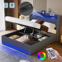 Lit Coffre 140 x 190 avec Sommier, Lit Double Rangement avec LED et USB, Lit Hydraulique 140x190 avec Rangement sous le lit, Lit 2 Personnes avec