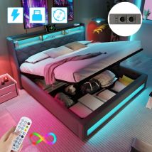 Lit Coffre 140x190 Cm Avec Sommier, Lit Coffre Avec Éclairage Led, Prises Et Ports Usb, Tissu En Lin Gris, Lit 2 Personnes, Espace De Rangement, 