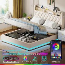 Janzdiys - Lit 140 x 190 cm avec Éclairage led et Port usb, Lit Coffre Double Capitonné avec Rangement et Tete de lit, Lit avec Lampe de Lecture, Lit
