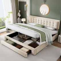Hauss Spole - Lit coffre 180 x 200 cm, lit adulte double avec 2 tiroirs, tête de lit réglable en hauteur, velours, sans matelas, Beige