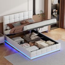 Blanketswarm - Lit coffre 140 x 200, lit adulte, tête de lit réglable en hauteur, lit rembourré avec ruban lumineux led réglable, lit hydraulique