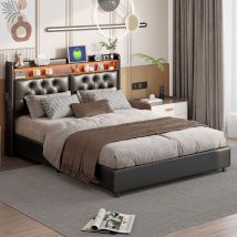 Lit coffre 160 x 200,lit double adulte avec sommier,lit capitonné, tête de lit rangement, dossier moelleux, led réglable, port de chargement, pu,