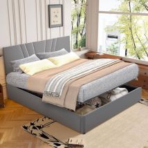 Lit Coffre 140x190 avec Sommier - Tête de lit réglable Lit Double - Lit hydraulique avec Espace de Rangement - lit continental en velours, Gris